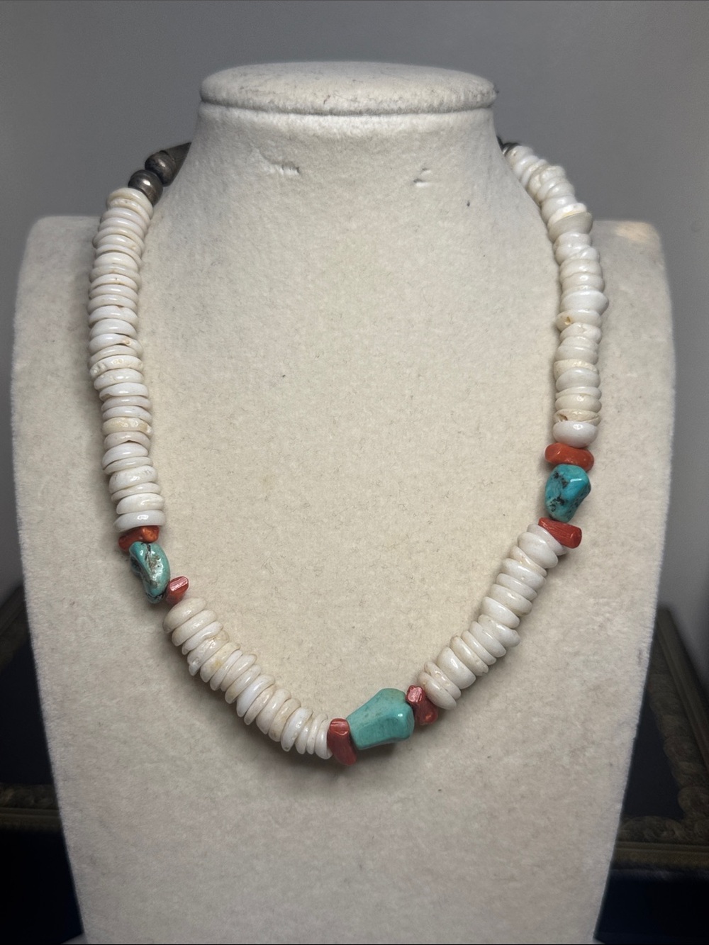 Vintage Navajo Heishi Sterling Turquoise Coral Necklace
